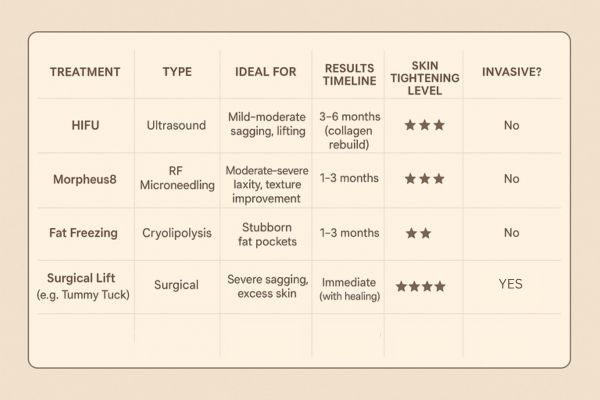 Table showing the comparisons of Skin tightening Hounslow Heath treatment options.
